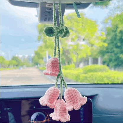 Easypie Selection 1pc Lily Of The Valley Crochet Pendant, Rearview Mirror Hanging Decor, Crochet Flower Car Accessory, Keychain, Bag Charm, White (Includes 4 Small Flowers)