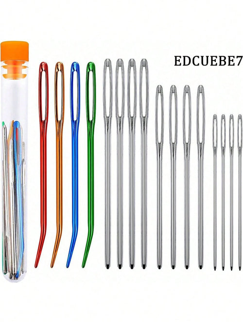 EDCUEBE7 17pcs/Set Stainless Steel Tapestry Needles (12pcs) + Colored Bent Crochet Hooks (4pcs) With 1 Storage Box For Sewing, Crocheting, DIY Knitting (All Styles & Colors Random)