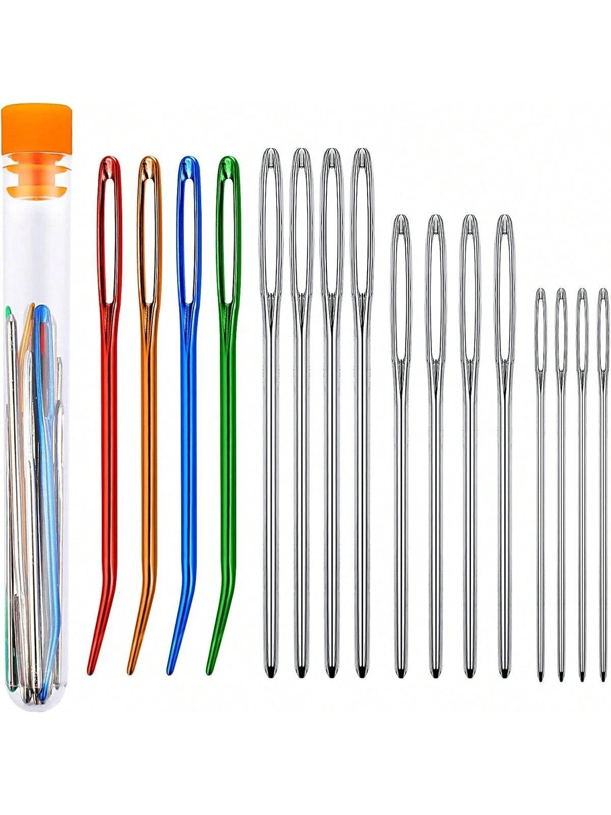 EDCUEBE7 17pcs/Set Stainless Steel Tapestry Needles (12pcs) + Colored Bent Crochet Hooks (4pcs) With 1 Storage Box For Sewing, Crocheting, DIY Knitting (All Styles & Colors Random)