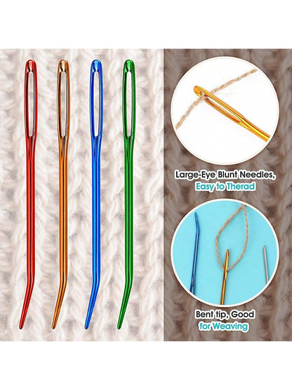 EDCUEBE7 17pcs/Set Stainless Steel Tapestry Needles (12pcs) + Colored Bent Crochet Hooks (4pcs) With 1 Storage Box For Sewing, Crocheting, DIY Knitting (All Styles & Colors Random)