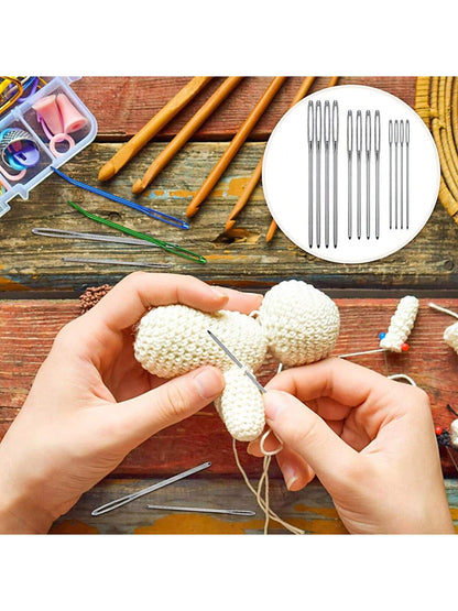 EDCUEBE7 17pcs/Set Stainless Steel Tapestry Needles (12pcs) + Colored Bent Crochet Hooks (4pcs) With 1 Storage Box For Sewing, Crocheting, DIY Knitting (All Styles & Colors Random)
