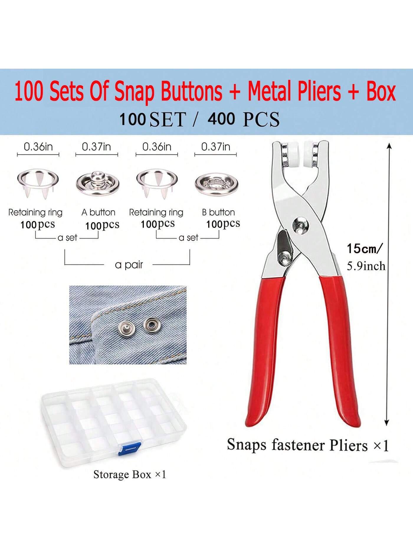 EDCUEBE7 400/800pcs Metal Snap Fasteners, 100/200 Sets Pliers Tools For Five-Claw Fasteners With Box, Fastener Clips Plier Tool For Clothes Leather Handmade Sewing