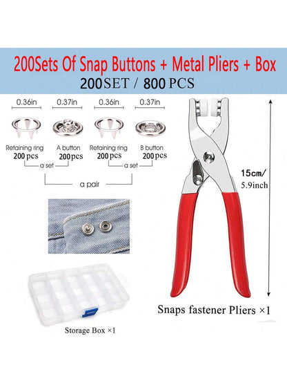 EDCUEBE7 400/800pcs Metal Snap Fasteners, 100/200 Sets Pliers Tools For Five-Claw Fasteners With Box, Fastener Clips Plier Tool For Clothes Leather Handmade Sewing