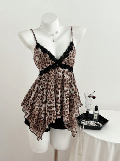 Elamini Yk2 Leopard Print Lace Trim Asymmetric Hem Women Tank Top