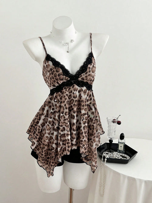 Elamini Yk2 Leopard Print Lace Trim Asymmetric Hem Women Tank Top