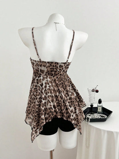 Elamini Yk2 Leopard Print Lace Trim Asymmetric Hem Women Tank Top