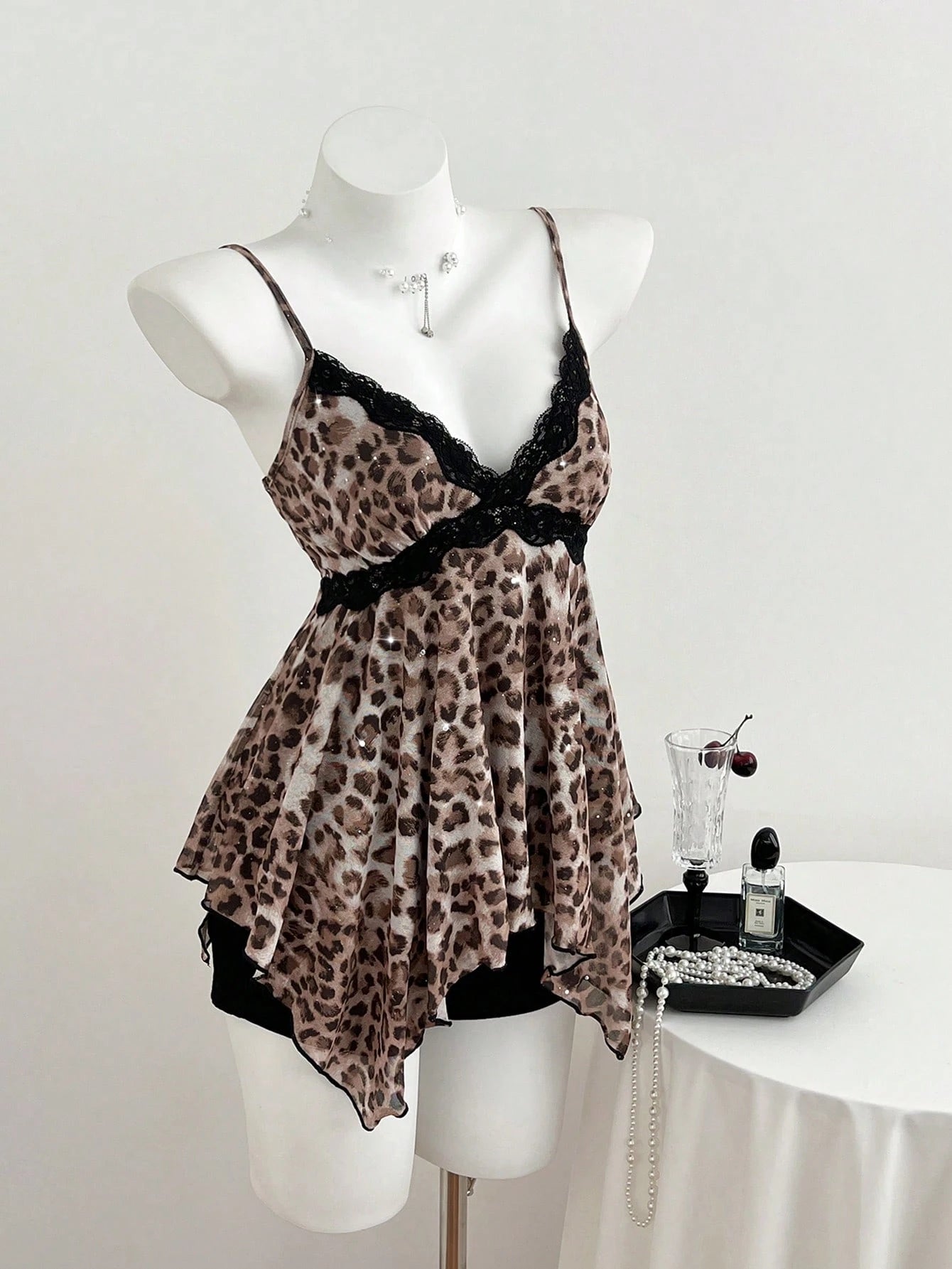 Elamini Yk2 Leopard Print Lace Trim Asymmetric Hem Women Tank Top