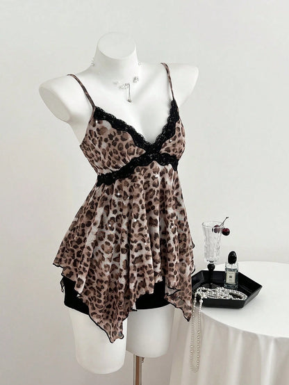 Elamini Yk2 Leopard Print Lace Trim Asymmetric Hem Women Tank Top