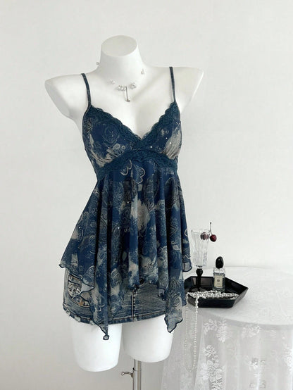 Elamini Yk2 Leopard Print Lace Trim Asymmetric Hem Women Tank Top