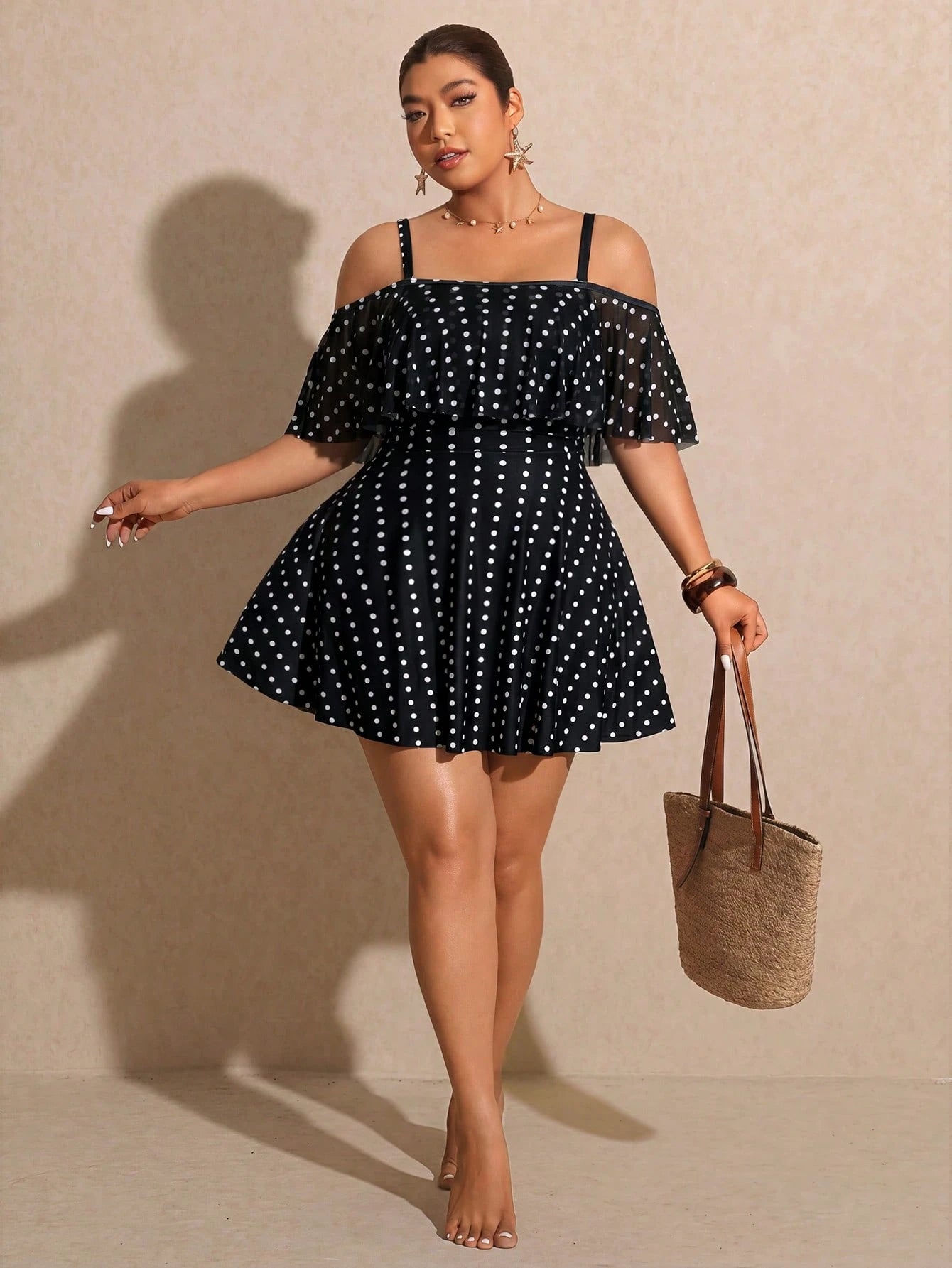 Elaquor Plus Size Polka Dot Print Ruffle Trim Casual Short Sleeve Swimsuit Dress Elegant Vacation Swimsuit For Women Casual Going Out Swimsuit For Women