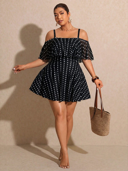 Elaquor Plus Size Polka Dot Print Ruffle Trim Casual Short Sleeve Swimsuit Dress Elegant Vacation Swimsuit For Women Casual Going Out Swimsuit For Women