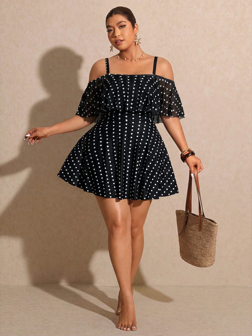 Elaquor Plus Size Polka Dot Print Ruffle Trim Casual Short Sleeve Swimsuit Dress Elegant Vacation Swimsuit For Women Casual Going Out Swimsuit For Women