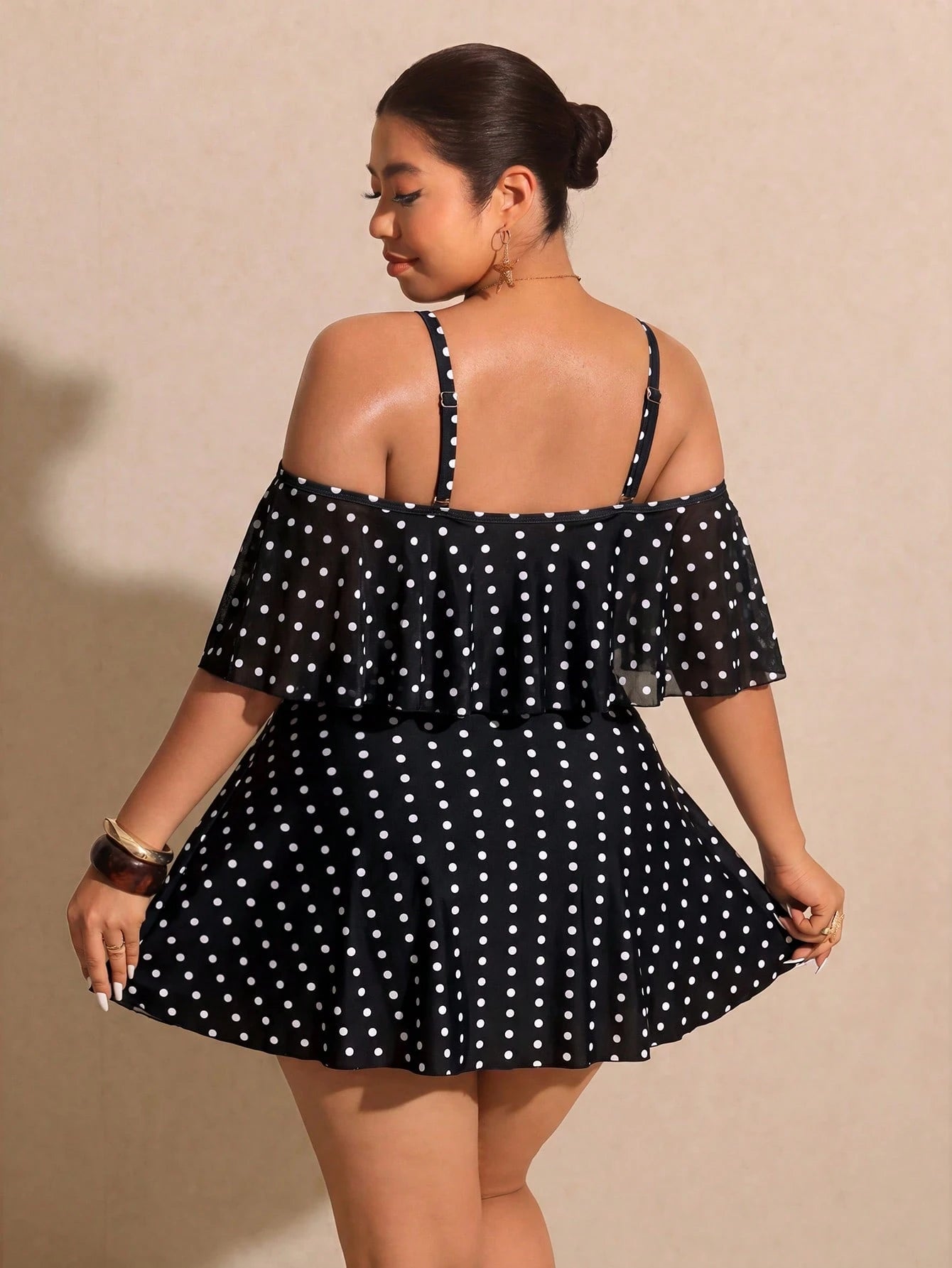Elaquor Plus Size Polka Dot Print Ruffle Trim Casual Short Sleeve Swimsuit Dress Elegant Vacation Swimsuit For Women Casual Going Out Swimsuit For Women
