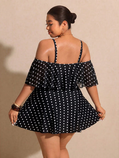 Elaquor Plus Size Polka Dot Print Ruffle Trim Casual Short Sleeve Swimsuit Dress Elegant Vacation Swimsuit For Women Casual Going Out Swimsuit For Women