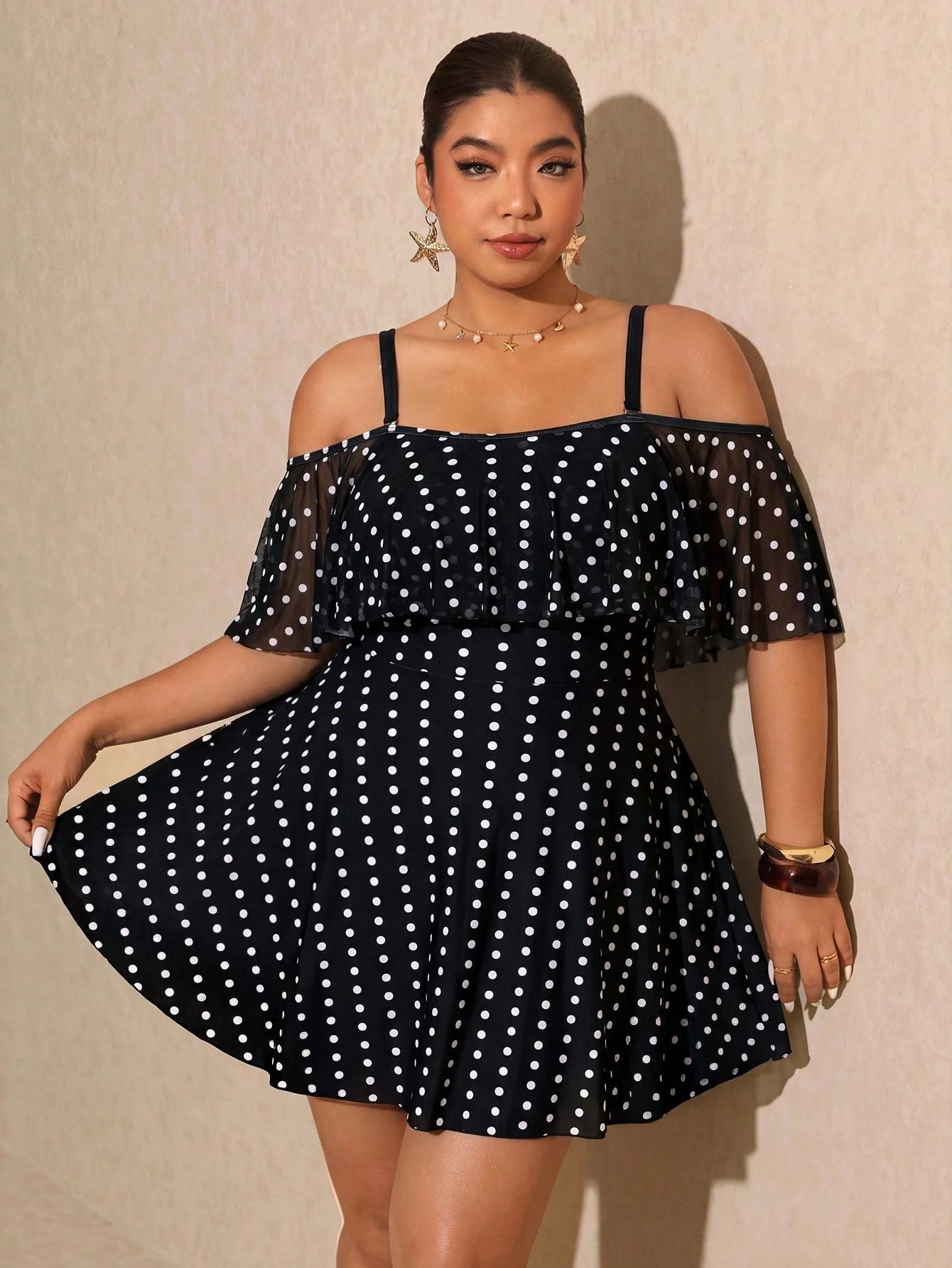 Elaquor Plus Size Polka Dot Print Ruffle Trim Casual Short Sleeve Swimsuit Dress Elegant Vacation Swimsuit For Women Casual Going Out Swimsuit For Women