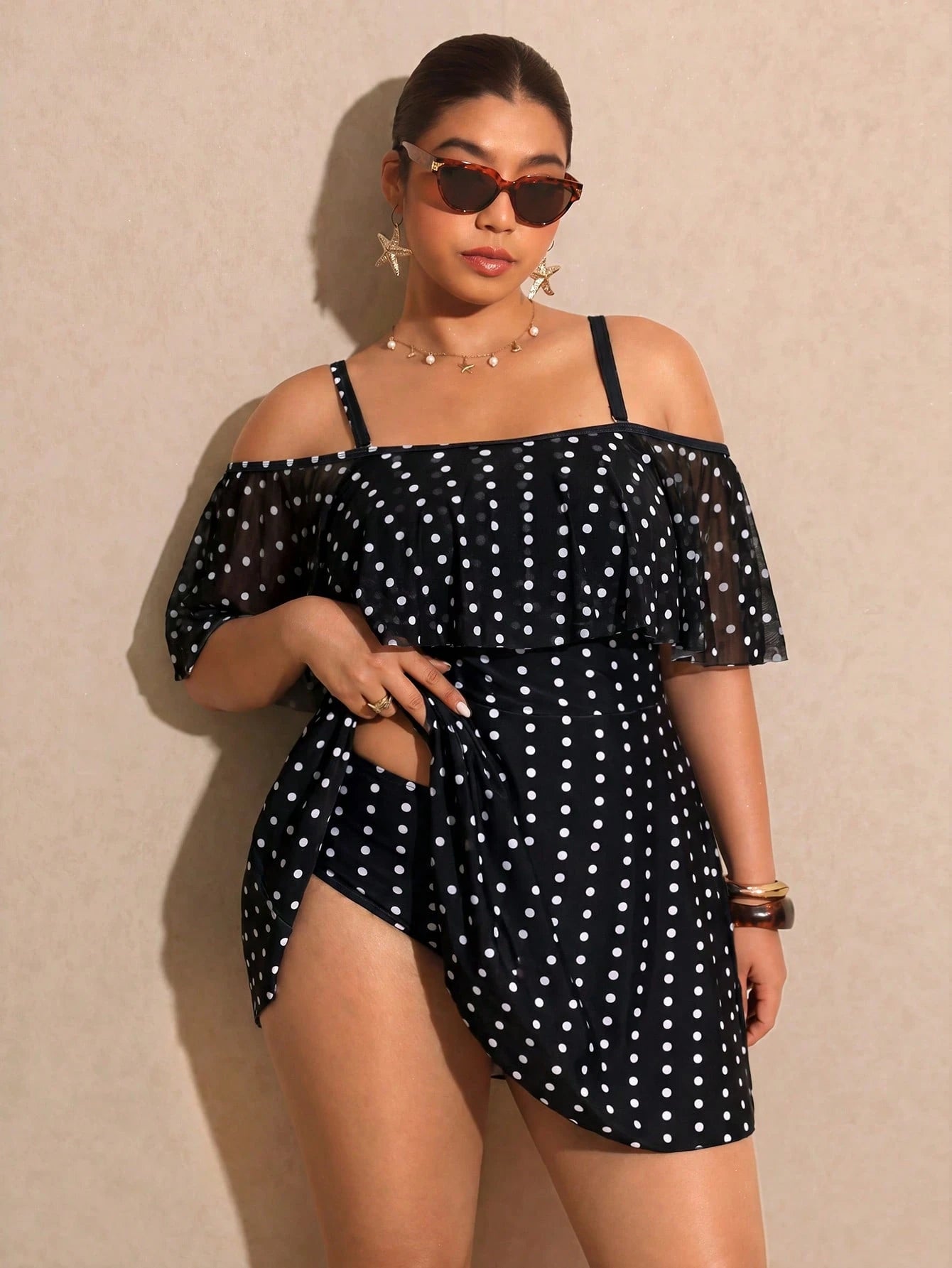 Elaquor Plus Size Polka Dot Print Ruffle Trim Casual Short Sleeve Swimsuit Dress Elegant Vacation Swimsuit For Women Casual Going Out Swimsuit For Women