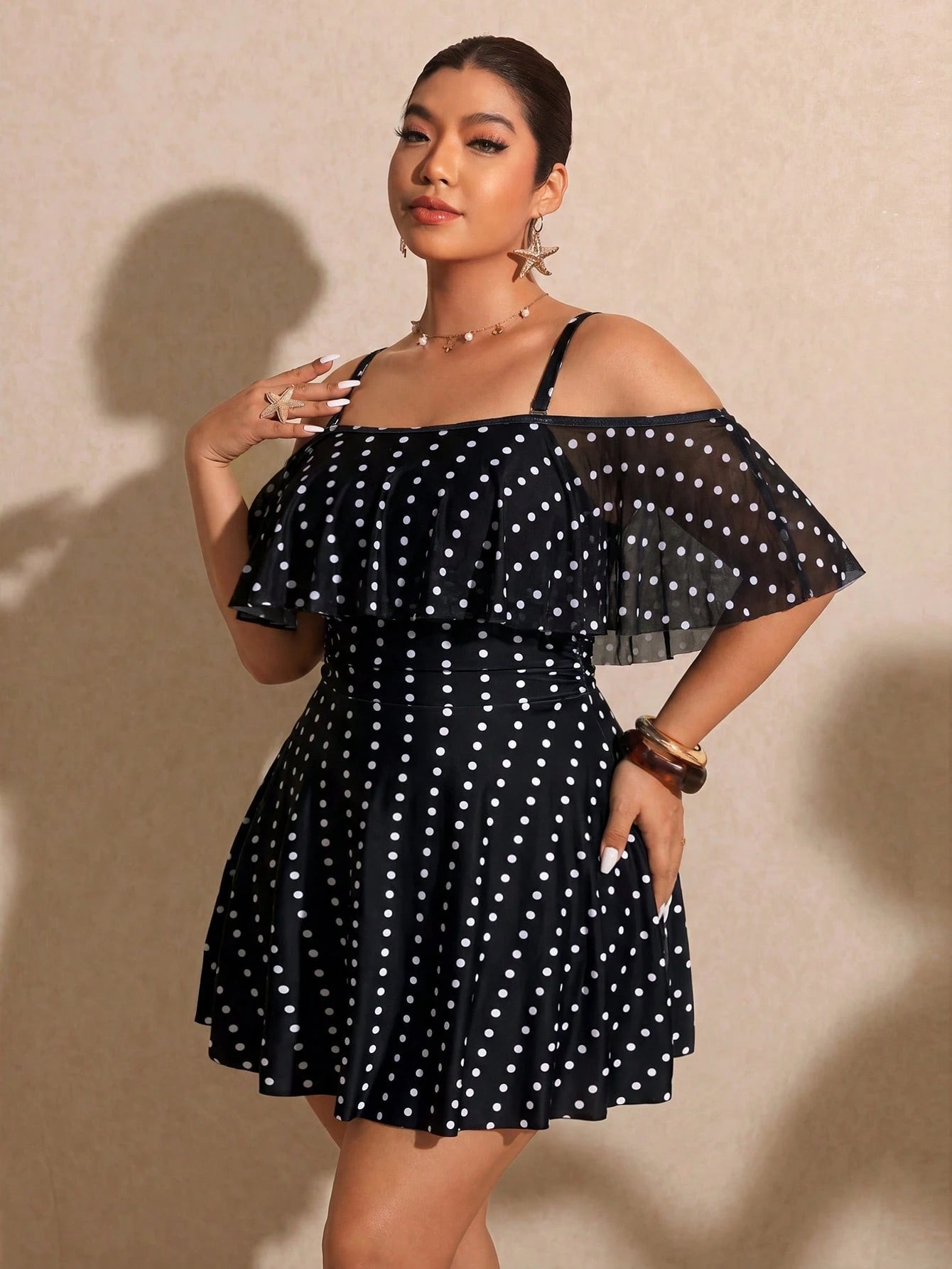 Elaquor Plus Size Polka Dot Print Ruffle Trim Casual Short Sleeve Swimsuit Dress Elegant Vacation Swimsuit For Women Casual Going Out Swimsuit For Women