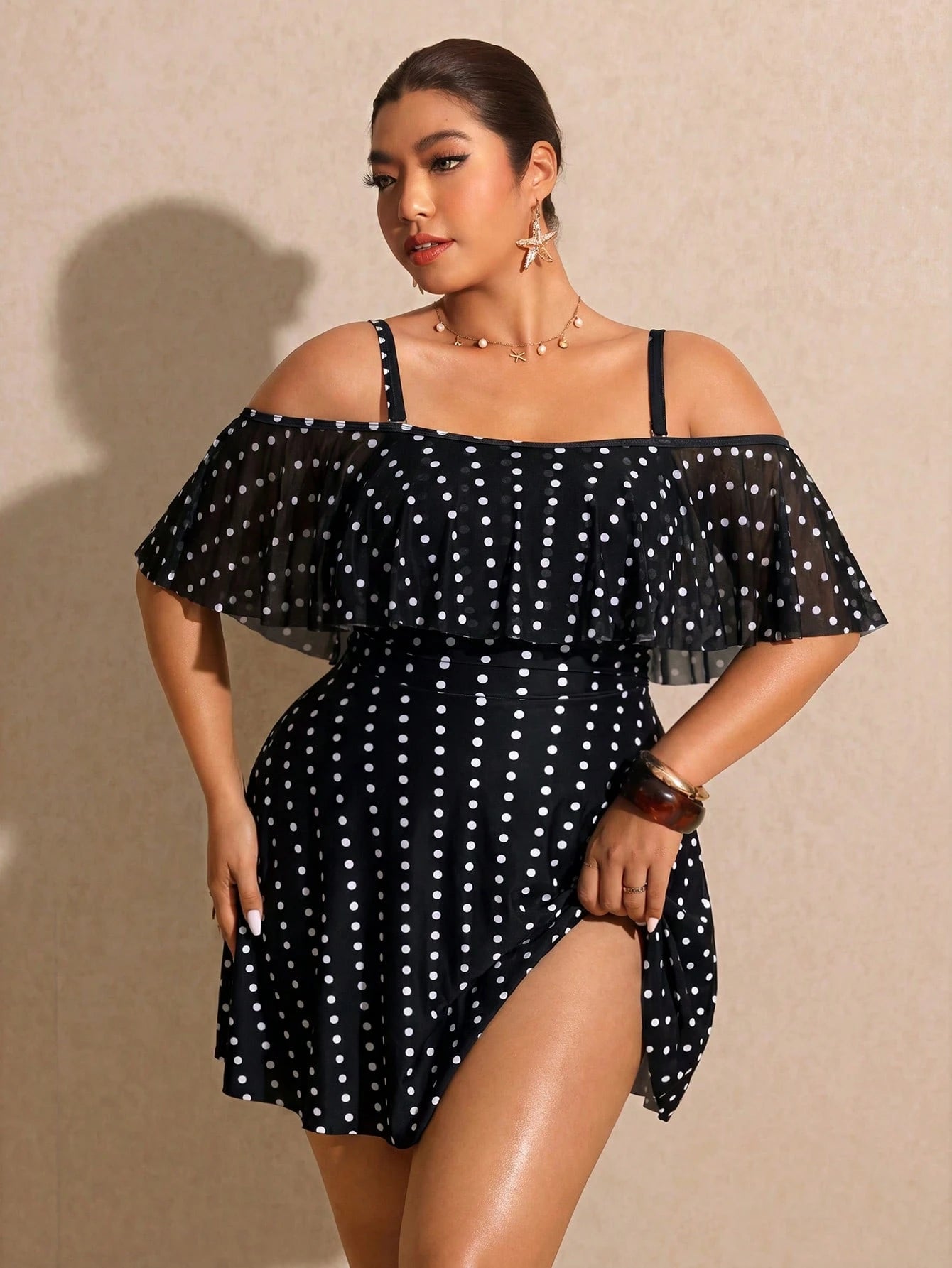 Elaquor Plus Size Polka Dot Print Ruffle Trim Casual Short Sleeve Swimsuit Dress Elegant Vacation Swimsuit For Women Casual Going Out Swimsuit For Women