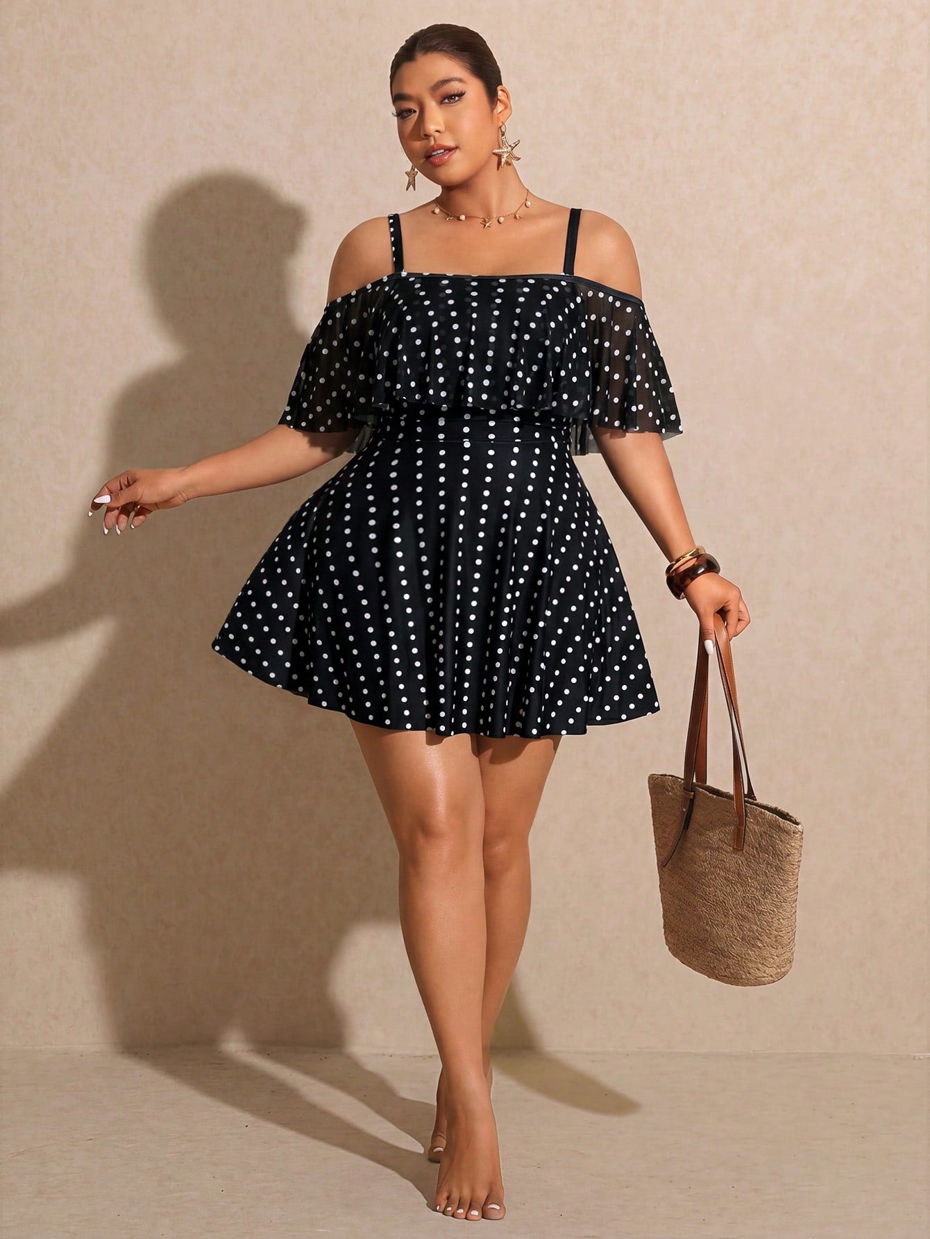 Elaquor Plus Size Polka Dot Print Ruffle Trim Casual Short Sleeve Swimsuit Dress Elegant Vacation Swimsuit For Women Casual Going Out Swimsuit For Women