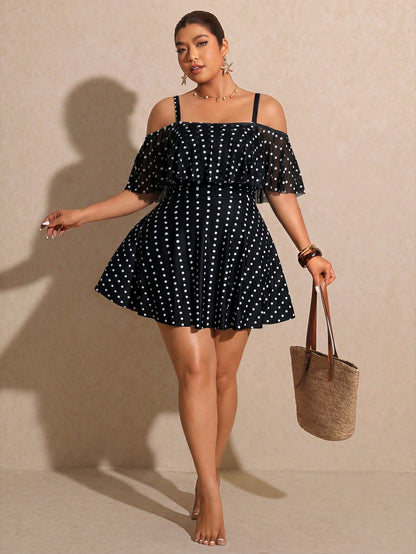 Elaquor Plus Size Polka Dot Print Ruffle Trim Casual Short Sleeve Swimsuit Dress Elegant Vacation Swimsuit For Women Casual Going Out Swimsuit For Women