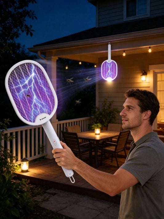 Electric Fly Swatter, 4000V High Voltage Mosquito Zapper, 180° Rotatable Head, Three Layer Protective Net, Dual Mode Insect Killer, For Home Patio Camping Summer Outdoor Activities,Camping Essentials