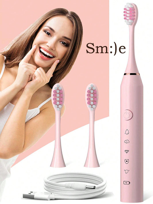 Electric Toothbrush With 3 Brush Heads, Pink, Waterproof, 5 Cleaning Modes, Long Battery Life, USB Charging, For Adults, As A Gift
