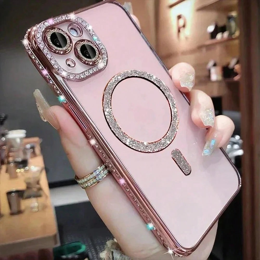 Electroplated Glitter Rhinestone Magnetic Wireless Charging Phone Case, Compatible With IPhone 17 Pro Max 17 Pro Air 17, 11-17 Series Soft Shell