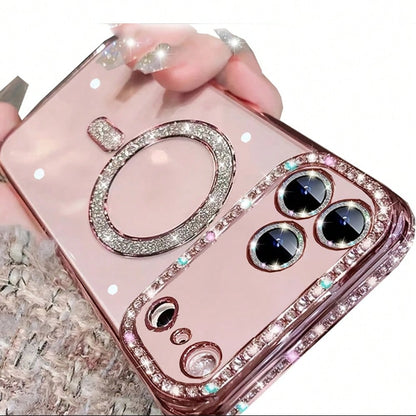 Electroplated Glitter Rhinestone Magnetic Wireless Charging Phone Case, Compatible With IPhone 17 Pro Max 17 Pro Air 17, 11-17 Series Soft Shell