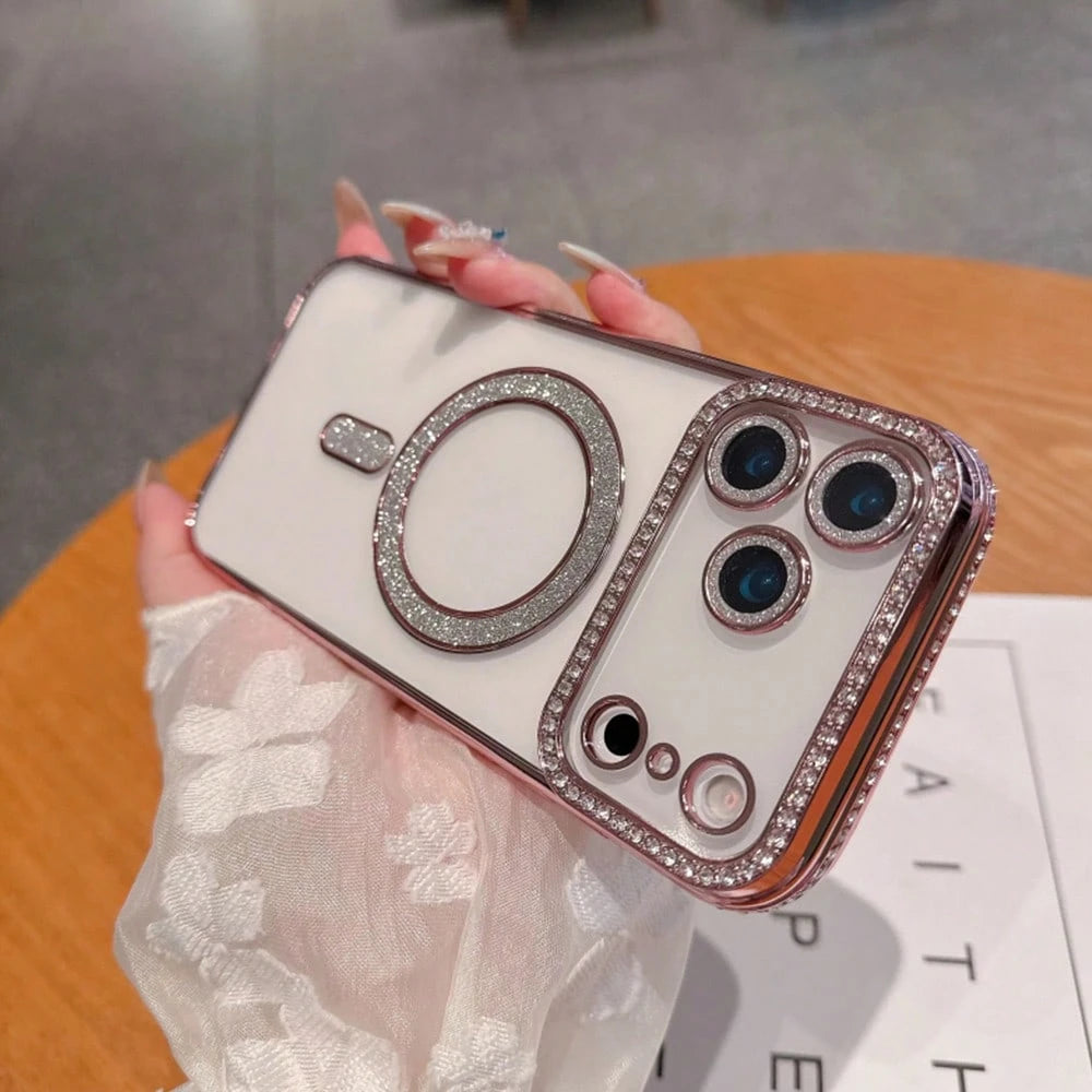 Electroplated Glitter Rhinestone Magnetic Wireless Charging Phone Case, Compatible With IPhone 17 Pro Max 17 Pro Air 17, 11-17 Series Soft Shell