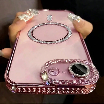 Electroplated Glitter Rhinestone Magnetic Wireless Charging Phone Case, Compatible With IPhone 17 Pro Max 17 Pro Air 17, 11-17 Series Soft Shell