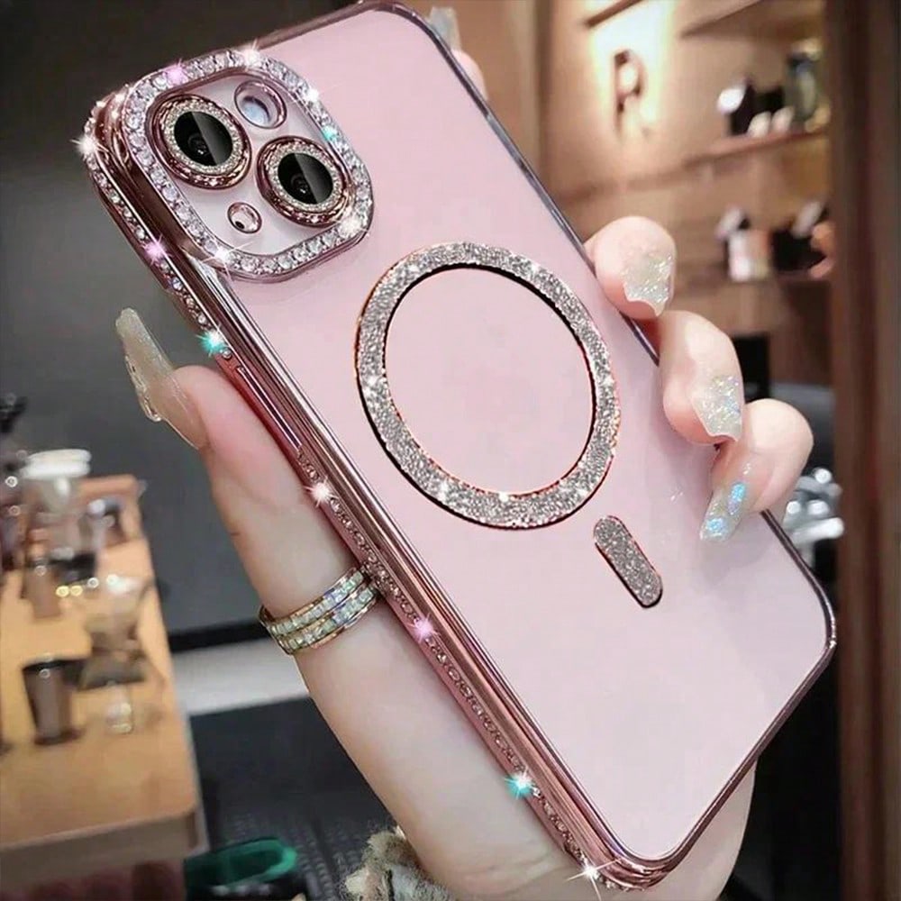 Electroplated Glitter Rhinestone Magnetic Wireless Charging Phone Case, Compatible With IPhone 17 Pro Max 17 Pro Air 17, 11-17 Series Soft Shell