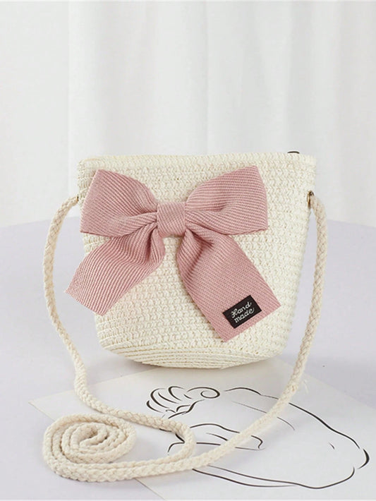 Elegant Beige Straw Crossbody Bag With Big Bow- Woven Texture, Zipper Closure, Suitable For Beach Vacation, Wedding, And Summer Outing, Beach Bag