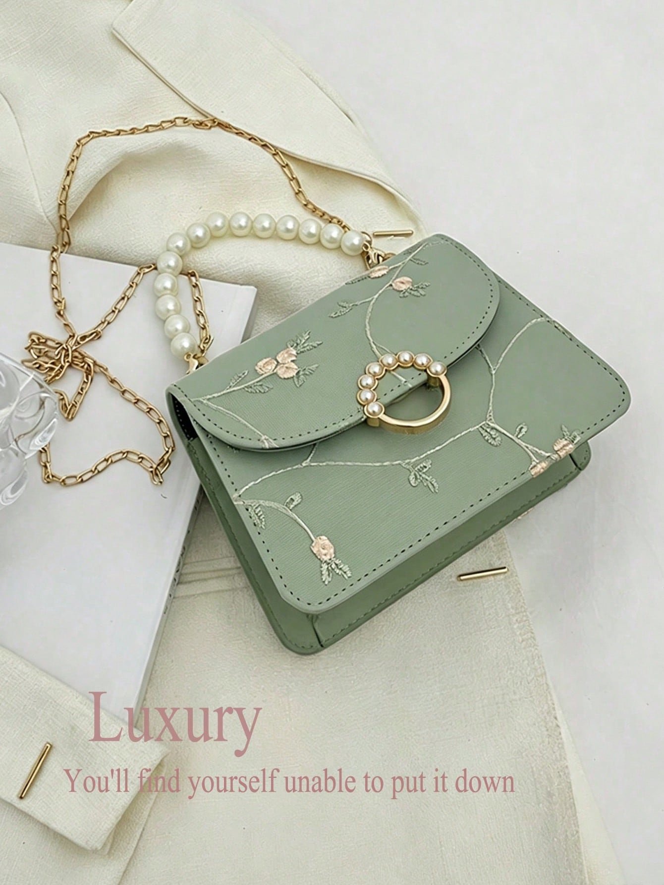 Elegant Chain Crossbody Bag, Sturdy Y2K Mint Green Women's Bag, Chic Small Embroidered Box Bag, Evening Party, Bridesmaids Gifts, Daily Travel Use.