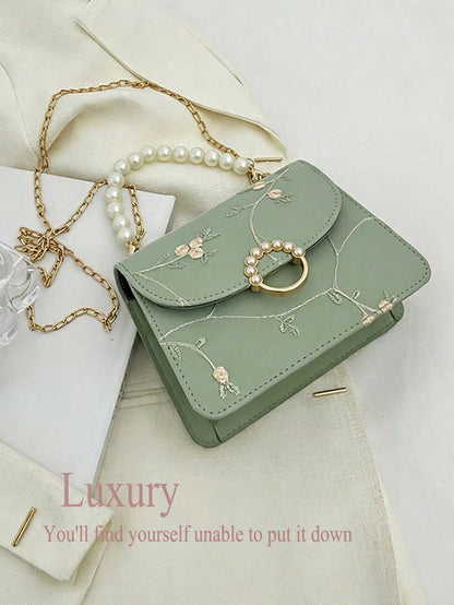 Elegant Chain Crossbody Bag, Sturdy Y2K Mint Green Women's Bag, Chic Small Embroidered Box Bag, Evening Party, Bridesmaids Gifts, Daily Travel Use.