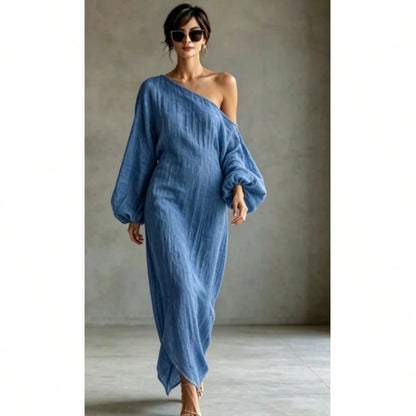 Elegant Minimalist One Shoulder Maxi Dress, Asymmetric Batwing Sleeve Textured Fabric, Loose Solid Resort Wear, Vestido, Vacation Outfit For Women