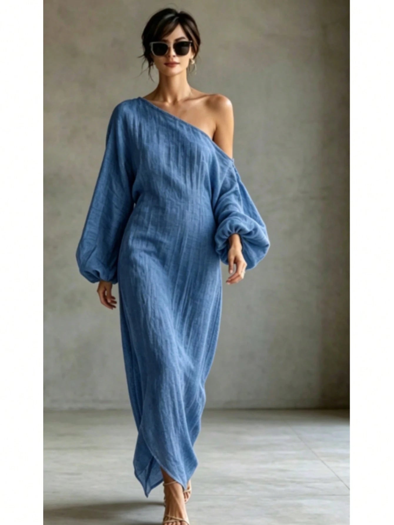 Elegant Minimalist One Shoulder Maxi Dress, Asymmetric Batwing Sleeve Textured Fabric, Loose Solid Resort Wear, Vestido, Vacation Outfit For Women