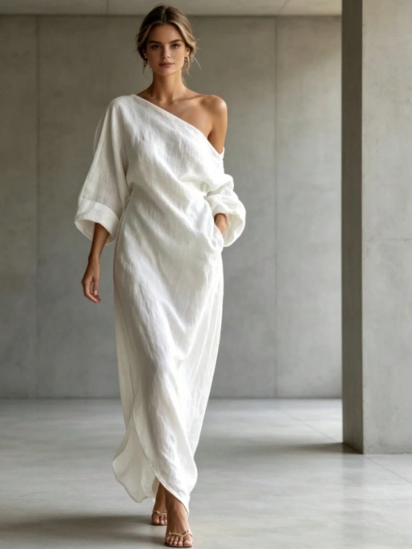 Elegant Minimalist One Shoulder Maxi Dress, Asymmetric Batwing Sleeve Textured Fabric, Loose Solid Resort Wear, Vestido, Vacation Outfit For Women