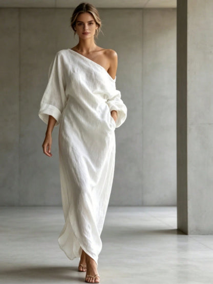 Elegant Minimalist One Shoulder Maxi Dress, Asymmetric Batwing Sleeve Textured Fabric, Loose Solid Resort Wear, Vestido, Vacation Outfit For Women