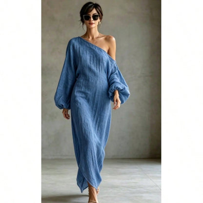 Elegant Minimalist One Shoulder Maxi Dress, Asymmetric Batwing Sleeve Textured Fabric, Loose Solid Resort Wear, Vestido, Vacation Outfit For Women