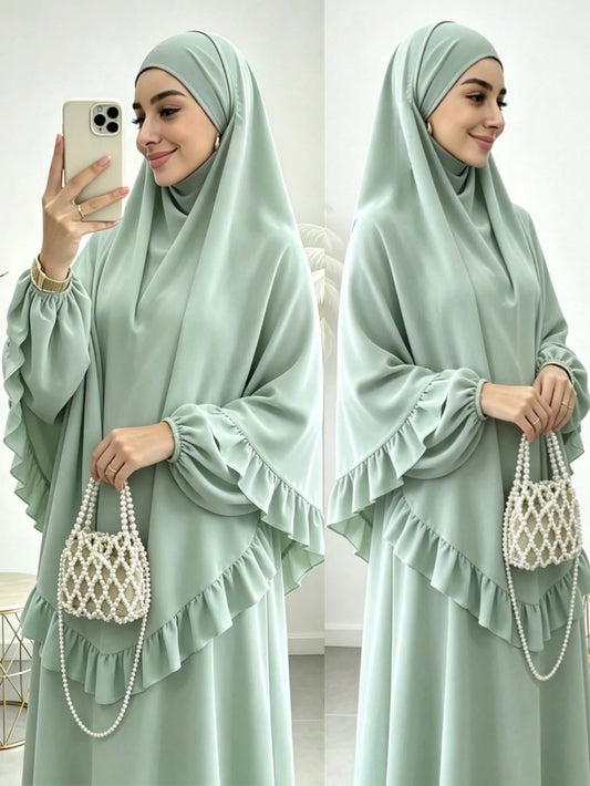 Elegant Ruffle Detail Khimari Long Robe Set, Loose Plus Size Full Length Modest Women's Outfit, Suitable For Middle Eastern Women's Daily Casual Occasions