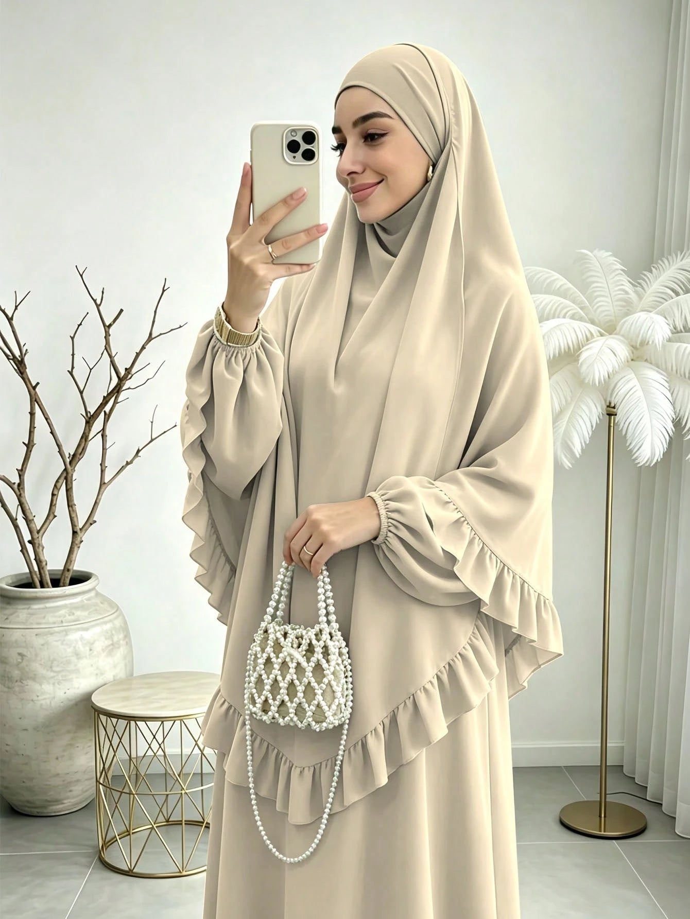 Elegant Ruffle Detail Khimari Long Robe Set, Loose Plus Size Full Length Modest Women's Outfit, Suitable For Middle Eastern Women's Daily Casual Occasions