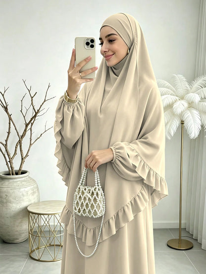 Elegant Ruffle Detail Khimari Long Robe Set, Loose Plus Size Full Length Modest Women's Outfit, Suitable For Middle Eastern Women's Daily Casual Occasions