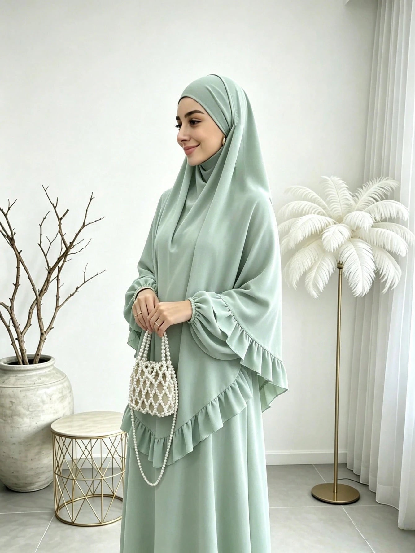 Elegant Ruffle Detail Khimari Long Robe Set, Loose Plus Size Full Length Modest Women's Outfit, Suitable For Middle Eastern Women's Daily Casual Occasions