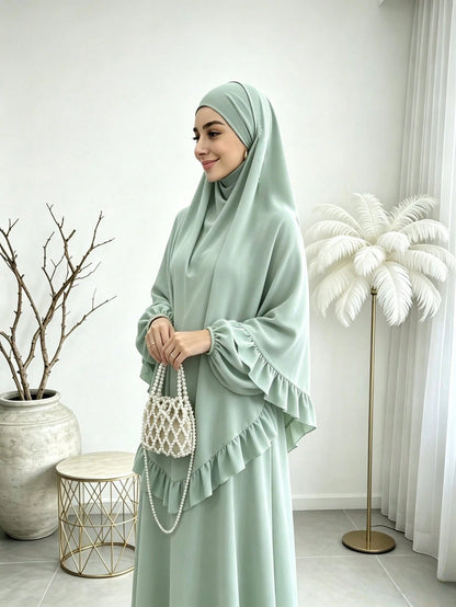 Elegant Ruffle Detail Khimari Long Robe Set, Loose Plus Size Full Length Modest Women's Outfit, Suitable For Middle Eastern Women's Daily Casual Occasions