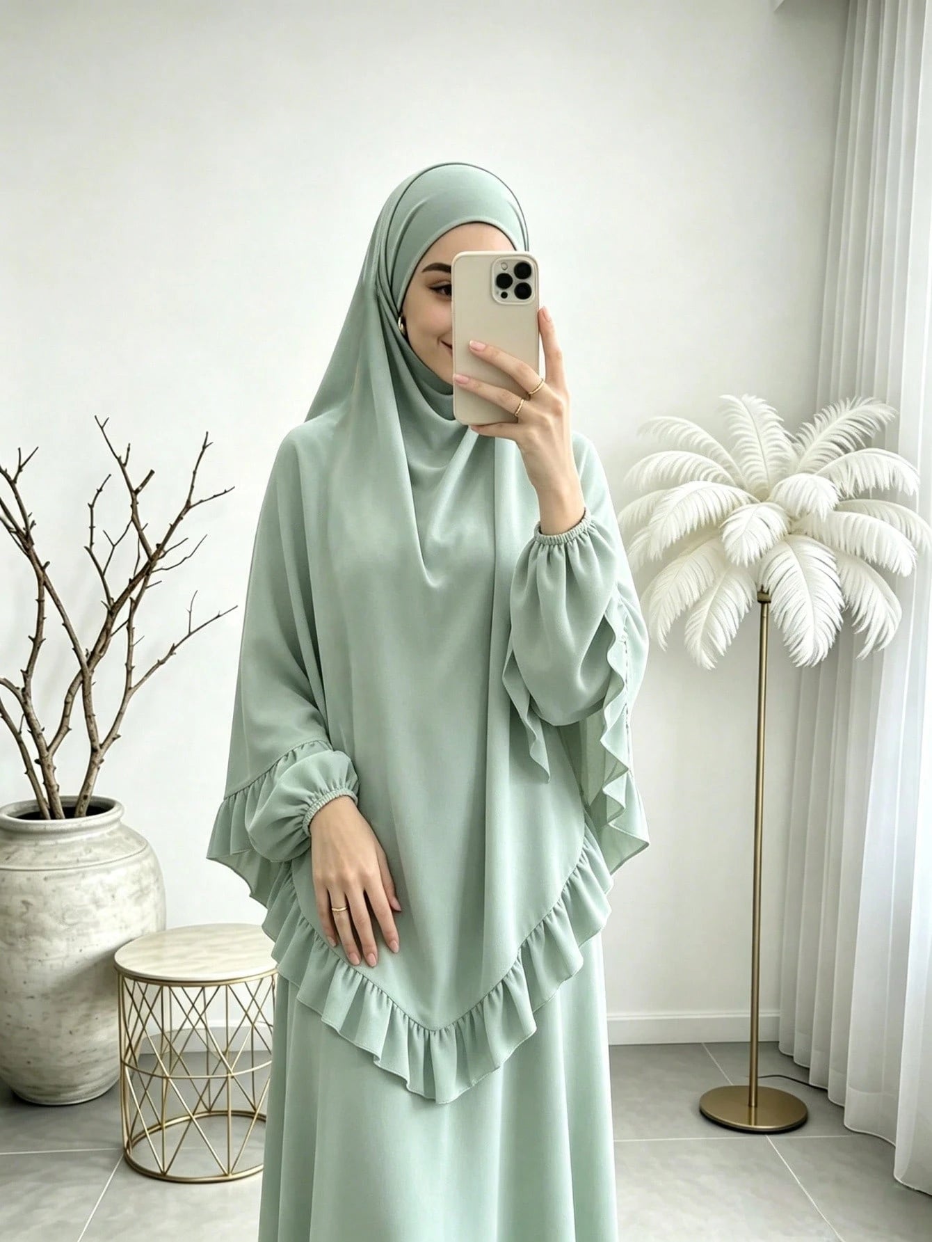 Elegant Ruffle Detail Khimari Long Robe Set, Loose Plus Size Full Length Modest Women's Outfit, Suitable For Middle Eastern Women's Daily Casual Occasions