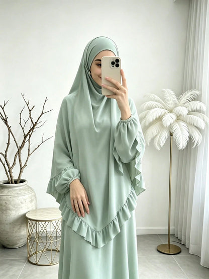 Elegant Ruffle Detail Khimari Long Robe Set, Loose Plus Size Full Length Modest Women's Outfit, Suitable For Middle Eastern Women's Daily Casual Occasions