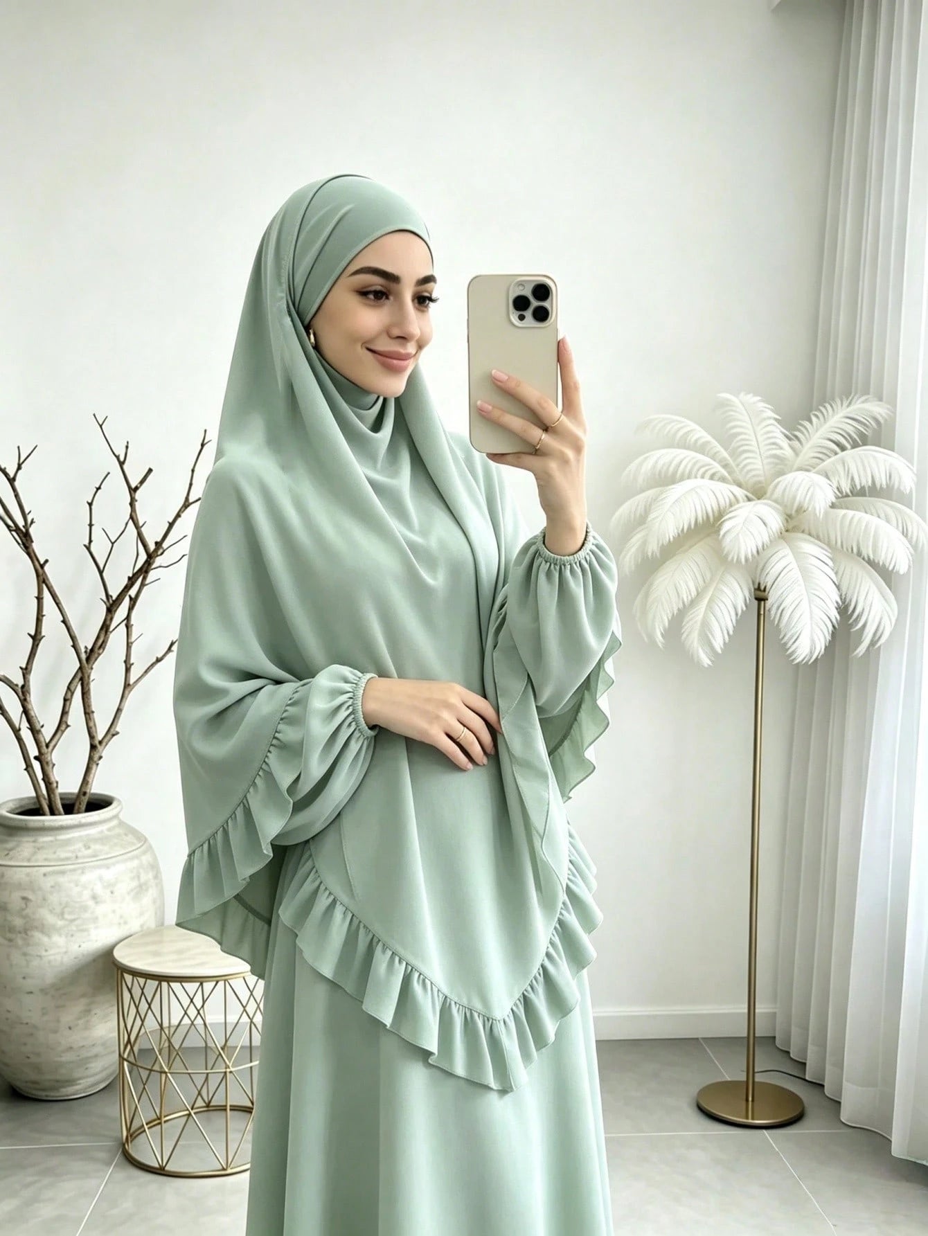 Elegant Ruffle Detail Khimari Long Robe Set, Loose Plus Size Full Length Modest Women's Outfit, Suitable For Middle Eastern Women's Daily Casual Occasions