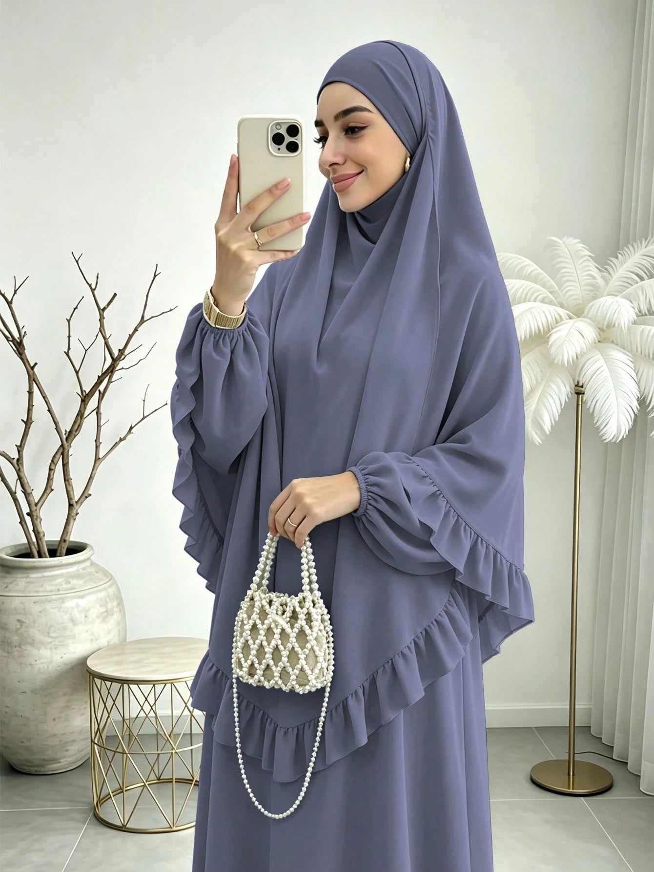 Elegant Ruffle Detail Khimari Long Robe Set, Loose Plus Size Full Length Modest Women's Outfit, Suitable For Middle Eastern Women's Daily Casual Occasions