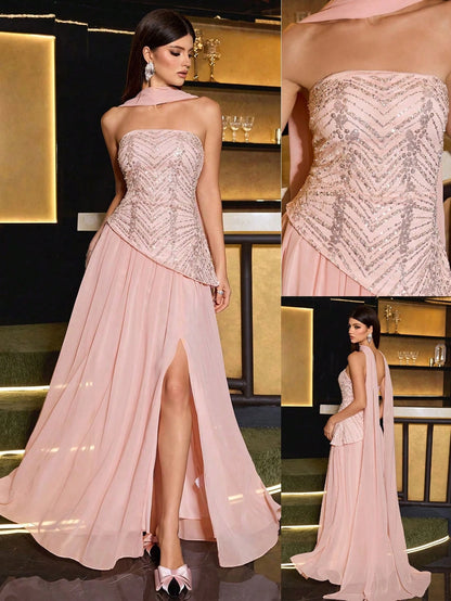 Elegant Strapless Sequin Patchwork Dress With Flared Hem And Pearl Decor, A Perfect Choice For Balls Or Galas, 2 In 1 With Flowing Sash, Suitable For Parties, Banquets, And Formal Occasions
