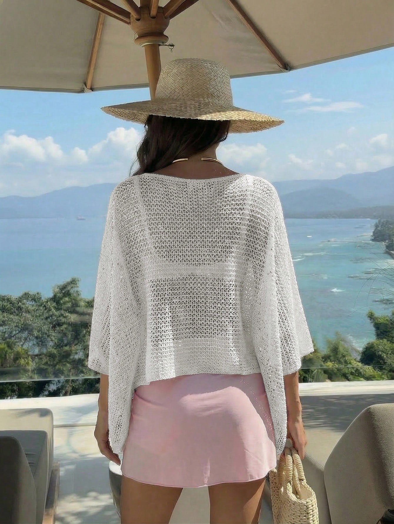 Elegant Women's Spring/Summer Fashion Daily Casual Holiday Beach Vacation Pink Knitted Hollow Sequin Boat Neck Solid Color Semi Transparent Hooded Top White